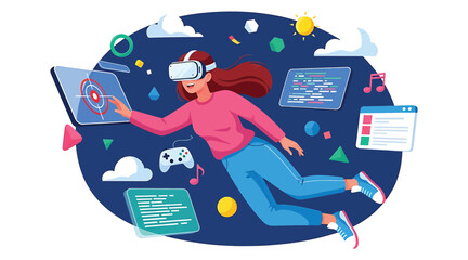 Vector art of a woman wearing a vr headset interacts with virtual interfaces, floating amidst code and game elements, illustrating the immersive experience of virtual reality