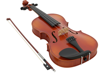 Isolated violin instrument with bow for orchestra, classical music playing for education
