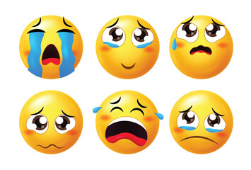 3D crying emoji faces showing sadness, tears, and emotional reactions. Realistic emoticon set perfect for chat apps, stickers, social media, and digital communication designs.