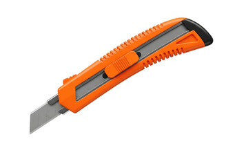 Orange utility knife with retractable blade isolated on transparent background