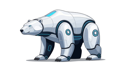 Futuristic robotic polar bear with glowing blue accents represents advanced technology and environmental innovation © Dulitha