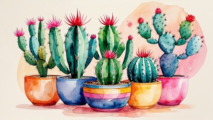 Watercolor Cacti in Colorful Pots Botanical Painting of Desert Plants Indoor Garden