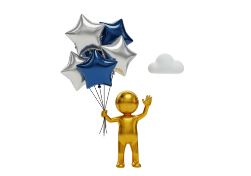 Isolated golden man waving holding a bunch of star-shaped balloons in his hand, party