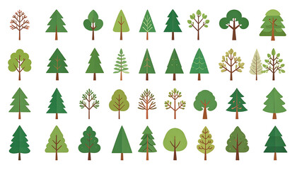 Many differently shaped trees arranged on a black background, in a cartoonish, pixelated style