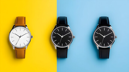 Three Minimalist Wristwatches Displayed on a Split Yellow and Blue Background.