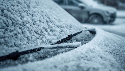 Naklejka na ściany i meble Frozen windshield with snow on a vehicle. Frosted wipers and washer nozzles. Ice-covered automobile surfaces. Naklejka na ściany i meble Frozen windshield with snow on a vehicle. Frosted wipers and washer nozzles. Ice-covered automobile surfaces.