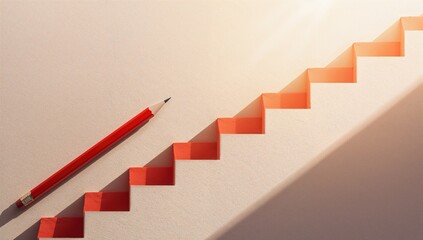 Obraz premium Red pencil casting a shadow shaped like stairs on a wall, symbolizing the journey of hard work for success