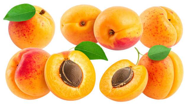 Eight apricots, some halved, with leaves, on a black background. Orange and yellow fruit with red blush