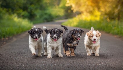 Homeless puppies roaming outdoors in warm weather, adorable black and white dogs on a road
