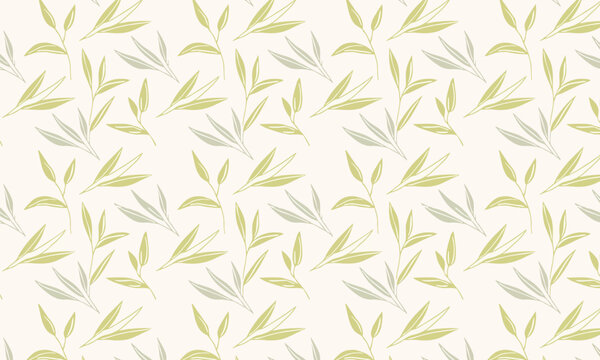 Hand drawn botanical seamless pattern with simple green leaves, Vector minimalist foliage background in natural earth tones