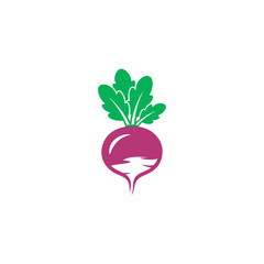 Stylized illustration of a radish with green leaves, depicted in purple and green against a white background.