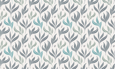 Elegant seamless botanical pattern with stylized leaves and branches, Vector floral background in cool blue, grey, and teal tones