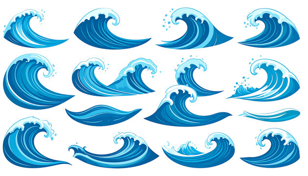 Collection of cartoon-style ocean waves with white crests on a solid black background