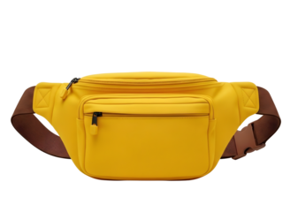 Yellow fanny pack with brown strap isolated on transparent background