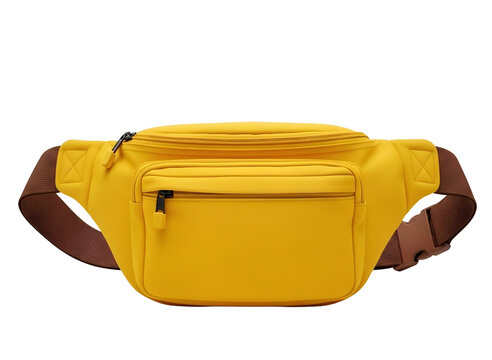 Yellow fanny pack with brown strap isolated on transparent background