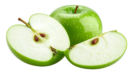 Green apples, one sliced open and another sectioned, showing seeds, against a black background