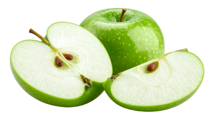 Green apples, one sliced open and another sectioned, showing seeds, against a black background