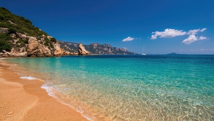Fototapeta premium Crystal-clear azure sea water, picturesque beach, and stunning coastal rocks in a scenic tourist destination.
