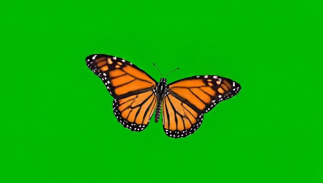 A vibrant orange monarch butterfly with wings spread open, isolated on a bright green screen background for chroma keying.