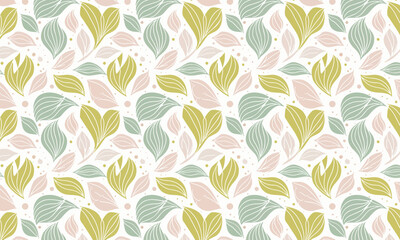 Elegant hand drawn seamless pattern with stylized flowers and leaves, Vector floral background in pastel pink, green, and gold