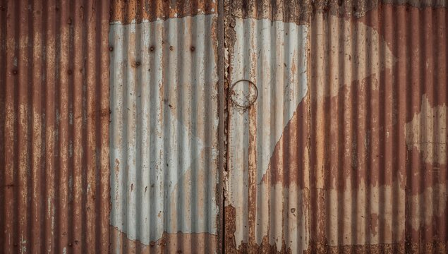 Aged corrugated metal sheet with rust