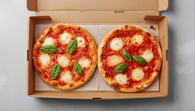Two aromatic delicious pizzas packed in a box against a gray backdrop - Powered by Adobe