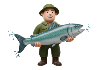 Isolated cartoon fisherman holding a fresh catch with a smile happy about his fishing haul