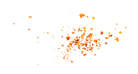 Flying crushed chili flakes, scattered red pepper particles with golden seeds, hot spicy seasoning explosion for cooking ingredient design and gourmet food composition illustration