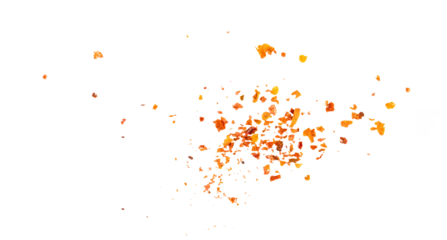 Küchenrückwand glas motiv Scharfe Chili-pfeffer Flying crushed chili flakes, scattered red pepper particles with golden seeds, hot spicy seasoning explosion for cooking ingredient design and gourmet food composition illustration  © Graphic Resources