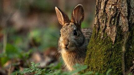 Fototapeta premium Rabbit hiding beside tree trunk