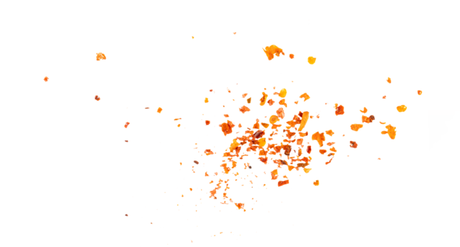Flying crushed chili flakes, scattered red pepper particles with golden seeds, hot spicy seasoning explosion for cooking ingredient design and gourmet food composition illustration