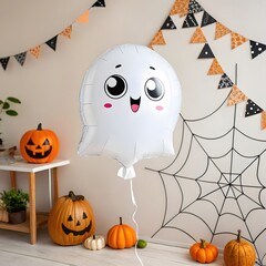 Adorable Ghost Balloon with Pumpkins & Festive Halloween Decorations for a Fun Halloween Scene