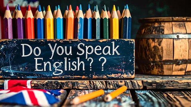 Wooden sign asking 'Do You Speak English?' with colorful pencils and British flag, symbolizing language education, communication, and cultural exchange