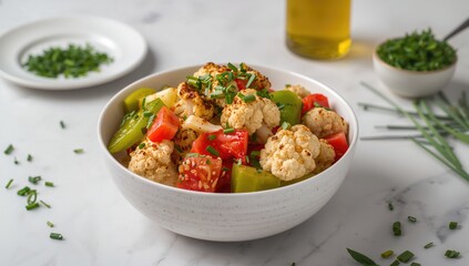 Grilled cauliflower, sweet peppers, and chopped chives served in a vegetable bowl
