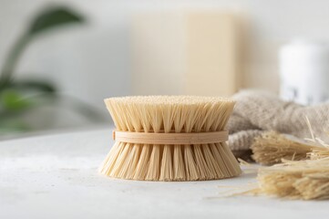 Eco-friendly cleaning brush crafted from coconut husk fibers against a plain backdrop. Close-up with soft focus.