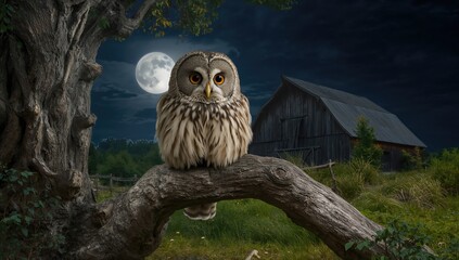 Nocturnal owl perched on a branch beneath a glowing moon