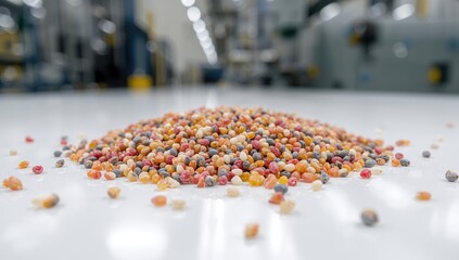 Granulated polymer additives on a plain white surface, featuring texture and industrial design elements