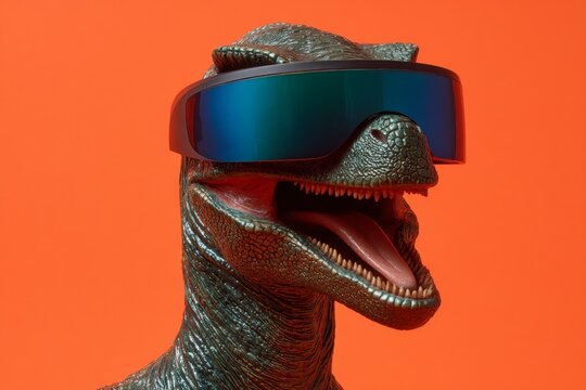 Dinosaur head wearing glossy neon VR goggles against a vivid orange background for tech imagery