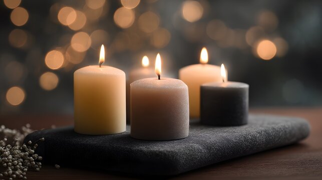 Burning candles on a stone with soft bokeh lights in the background