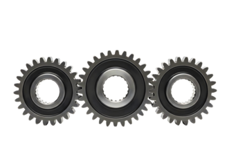 Three dark metal gears interlocking on a transparent background isolated on transparent background
