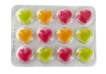 Isolated blister pack of heart shaped candies or lozenges for sore throat and coughs remedy