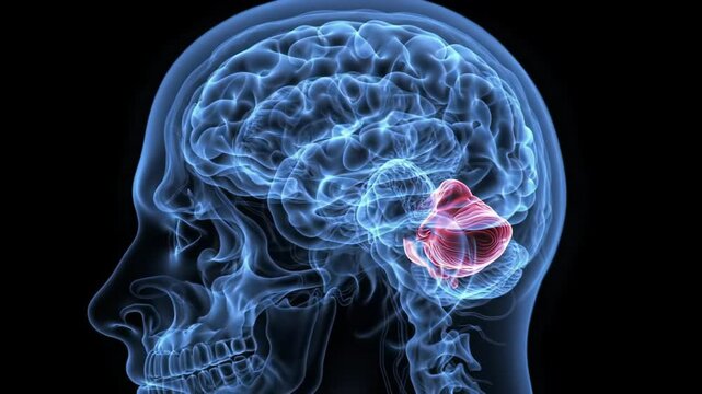 A highly detailed 3D rendering of a translucent, glowing blue human head, slowly panning against a deep black void. The brain's red pulsating hippocampus shows active neural processes. Futuristic