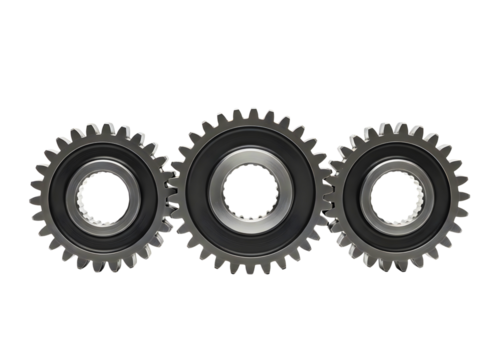 Three dark metal gears interlocking on a transparent background isolated on transparent background