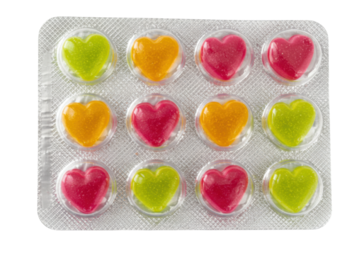 Isolated blister pack of heart shaped candies or lozenges for sore throat and coughs remedy