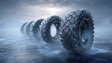 Dramatic Landscape with Row of Tires on Icy Surface Under Clouds and Mist in Ethereal Lighting Conditions