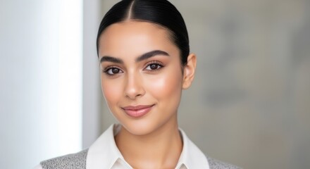 A young woman with dark hair, wearing a gray blazer and white shirt, standing in a modern office setting with a neutral-colored background.