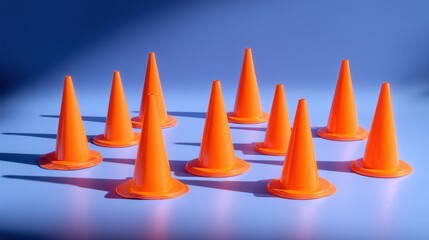 Bright Orange Traffic Cones Arranged on a Blue Background, Perfect for Safety and Construction Themes