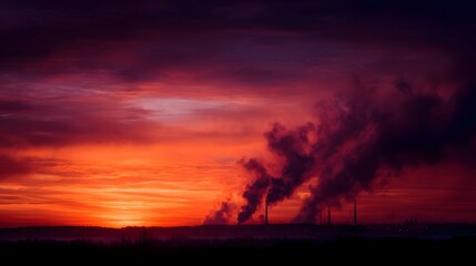 Fototapeta premium Industrial chimneys billowing dark smoke against a vibrant orange and purple sunset sky