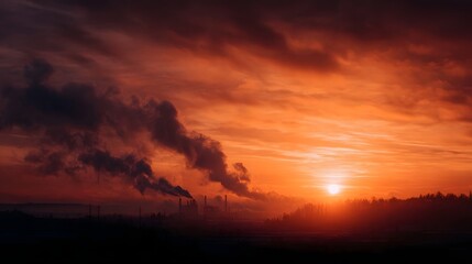 Obraz premium Dramatic orange sunset over an industrial landscape with smokestacks emitting plumes of dark smoke