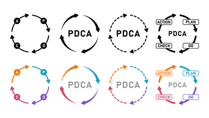 全８種のカラフル版とモノクロ版のPDCAサイクルの図解セット｜ビジネス改善・教育資料・プレゼンテーションに使える
PDCA Cycle Diagram Set – Colorful and Monochrome Versions for Business Improvement and Presentation Materials